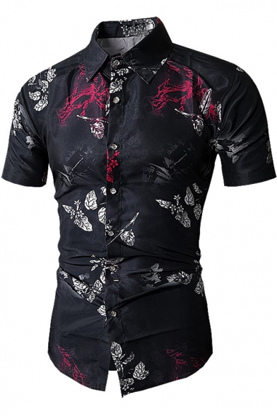 Cool Trendy Floral Printed Short Sleeve Black Slim Fit Button-Up Shirt ...