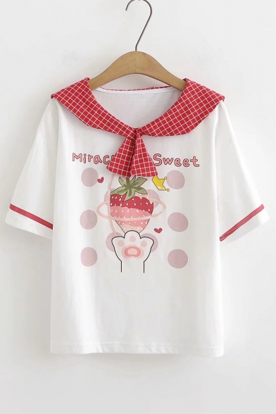 Cute Strawberry Cat Claw Letter Printed Plaid Sailor Collar Short Sleeve White Tee
