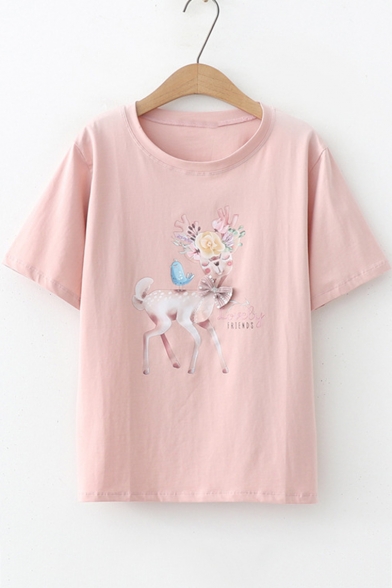 Fashion Floral Deer Pattern Round Neck Short Sleeve Loose Casual T-Shirt