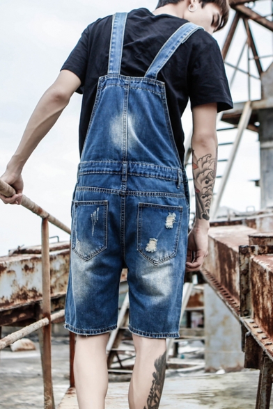 Guys American Style Vintage Destroyed Ripped Blue Denim Bib Overalls