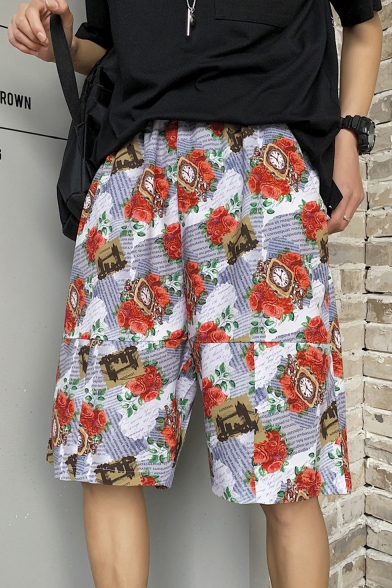 Guys Summer Fashion Allover Floral Pattern Slouch Fit Baggy Shorts