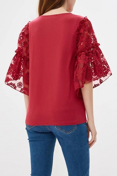 Hot Fashion Lace-Up Embroidery Floral Flare Sleeve Round Neck Tee