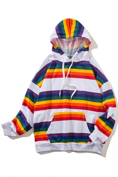 white hoodie with rainbow stripes