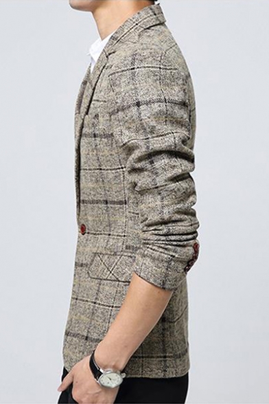 Men's Fashion Notched Lapel Long Sleeves Plaid Pattern Single Button Casual Blazer