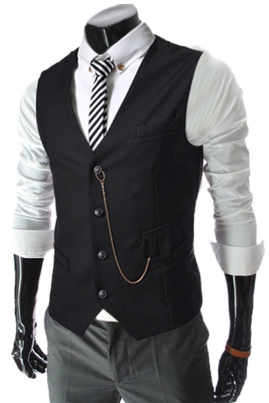 Men's Plain Single Breasted Buckle Back Chain Embellished Slim Business Suit Vest