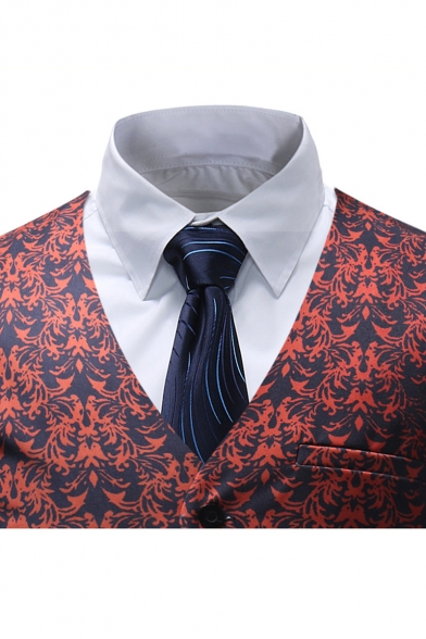 Men's Retro Ethnic Floral Printed Buckle Back Button Down Slim Fit Suit Vest