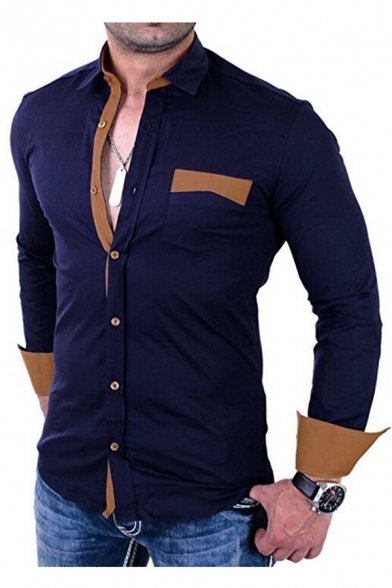Men's Stylish Colorblock Patchwork Long Sleeve Casual Fitted Button-Up Shirt