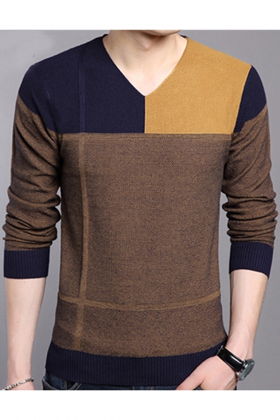 BYWX Men Casual Round Neck Color Block Long Sleeve Slim Fit Pullover Sweater