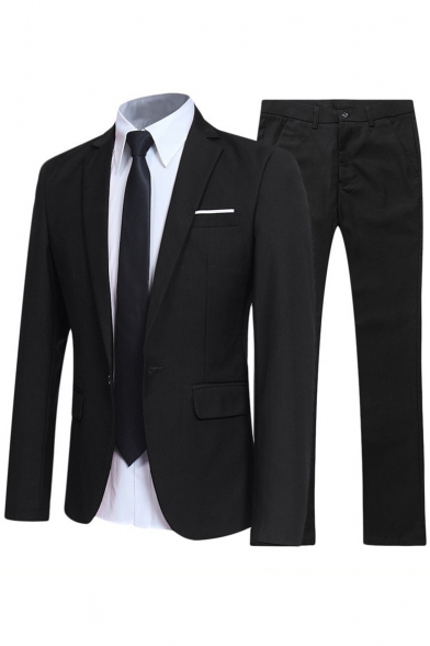 Mens Business Plain Long Sleeve Notched Lapel Single Button Slim Wedding Dress Two-Piece Suit