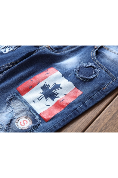 Mens Cool Badge Flag Logo Printed Distressed Blue Stretch Straight Fit Ripped Jeans