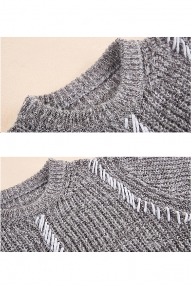 Mens Unique Patchwork Jacquard Round Neck Plain Marled Knit Sweater