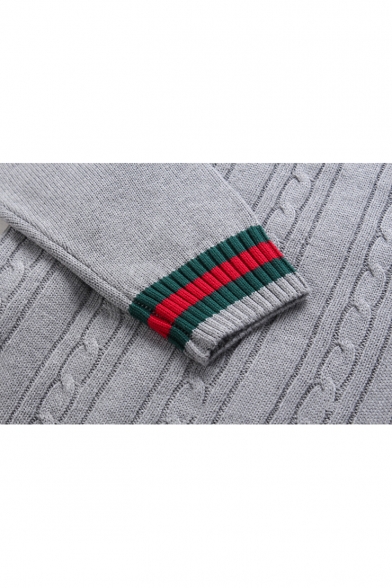 Mens Vintage Green and Red Striped Trim Long Sleeve V-Neck Knit Sweater