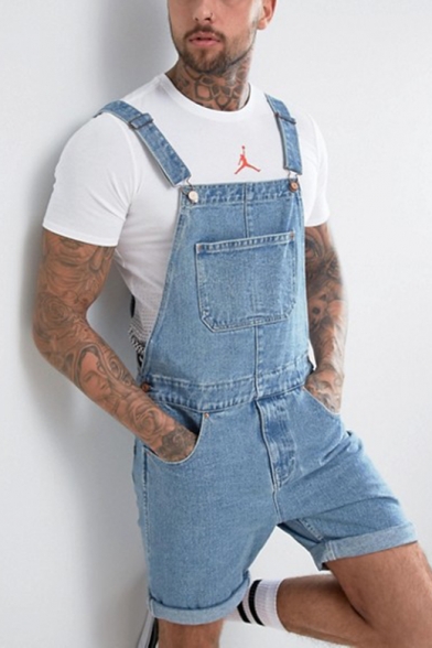 Mens Vintage Light Blue Rolled Cuff Suspenders Denim Overall Shorts