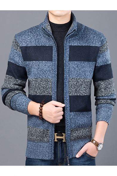 Mens Warm Thick Fashion Color Block Stand Collar Zip Up Fitted Heather Color Cardigan