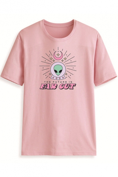 New Stylish Alien Letter FAR OUT Printed Round Neck Short Sleeve Cotton Loose T-Shirt