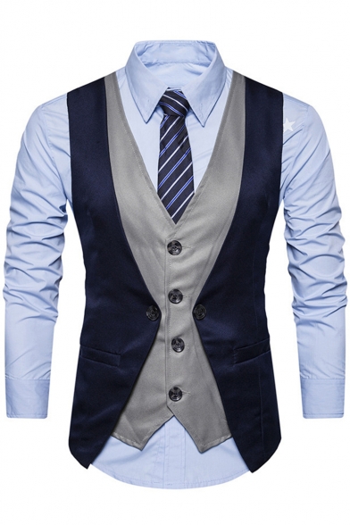 New Stylish Colorblocked Button Front Fake Two-Piece Suit Vest for Men