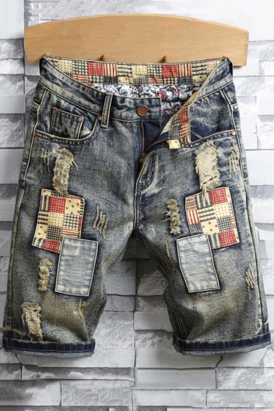 New Stylish Distressed Ripped Applique Patched Casual Blue Denim Shorts for Men