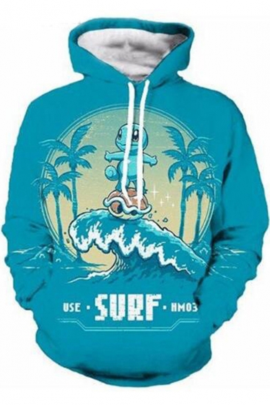 New Stylish Popular Game Comic Figure Surf Wave Print Long Sleeve Blue Hoodie