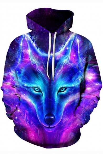 New Stylish Unique 3D Galaxy Wolf Printed Sport Casual Long Sleeve Unisex Hoodie in Purple