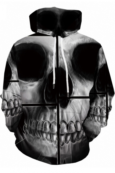 New Trendy 3D Skull Printed Long Sleeve Relaxed Grey Hoodie