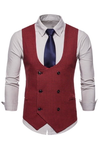 New Trendy Houndstooth Printed Double Breasted Belt Design Mens Waistcoat