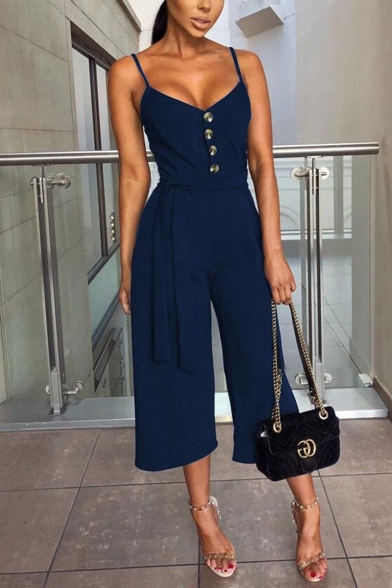 New Trendy Spaghetti Straps Plain Buttons Embellished Front Tied Waist Jumpsuit