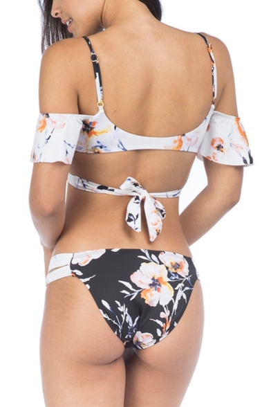 Popular Spaghetti Straps Cold Shoulder Floral Printed Sexy Bikinis