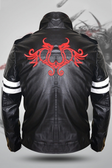 Prototype Red Dragon Logo Print Stripe Long Sleeve Stand-Collar Zip Closure Game Cosplay Costume Black PU Leather Jacket