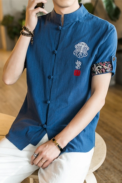 H.Wang Mens Cotton Linen Stand Collar Roll Up Sleeve Frog-Button Shirt