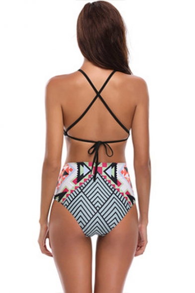 Retro Geometric Printed Sleeveless with High Waist Bottom Bikini