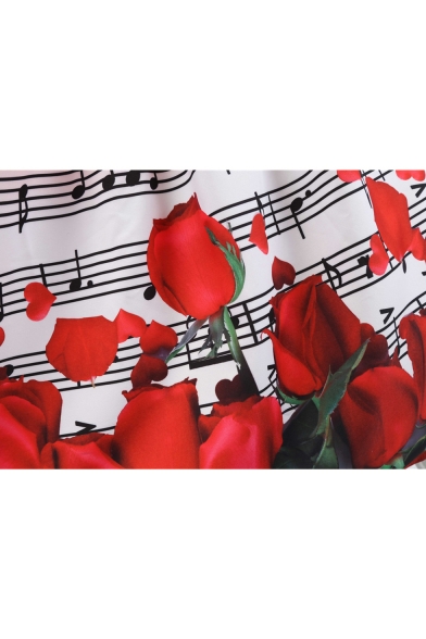 Retro Style Notes Rose Printed Sleeveless Bow-Tied Waist Midi Flare Dress