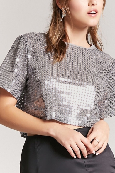 Sexy Cool Sequins Patched Round Neck Short Sleeve Cropped Grey Tee