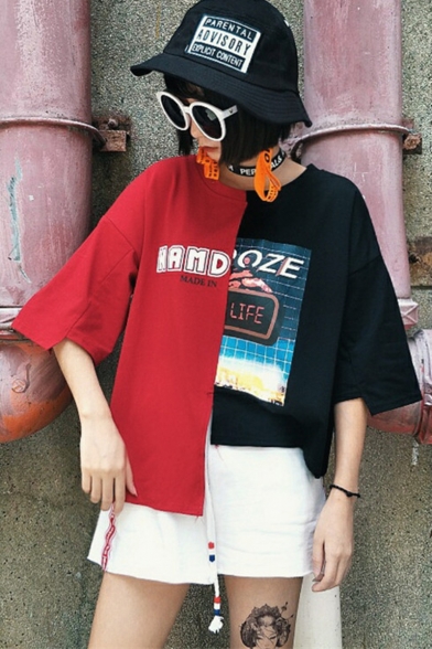 

Street Style Color Block Letter Pattern Half Sleeve Asymmetrical Cropped T-Shirt, LM511213, Black-white;red-black