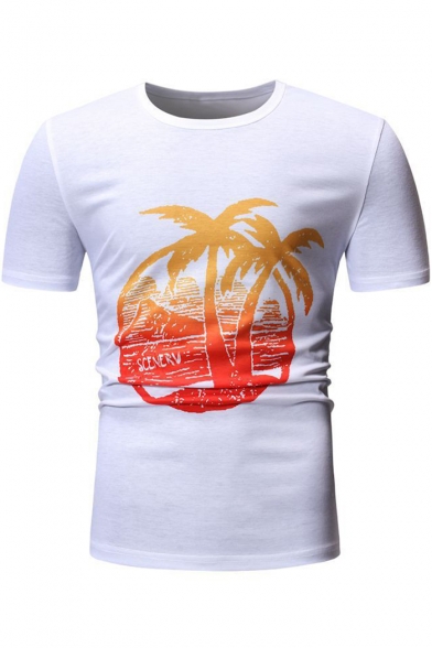 Summer Fashion Tropical Coconut Palm Print Basic Round Neck Short Sleeve Fitted T-Shirt for Men