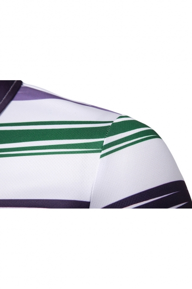 Summer Men's Color Block Striped Print Lapel Casual Slim Fit Polo Shirt