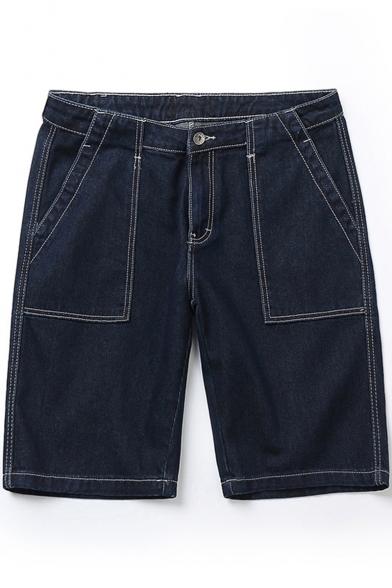 Summer New Stylish Contrast Stitching Casual Loose Dark Blue Denim Shorts