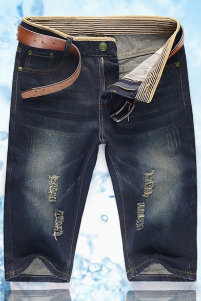 Summer New Stylish Distressed Ripped Detail Slim Fit Dark Blue Denim Shorts