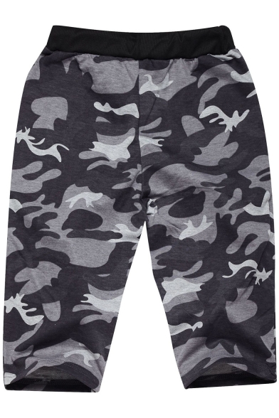Summer Trendy Camo Print Drawstring-Waist Zip Pockets Fitness Running Shorts Sweat Shorts for Men
