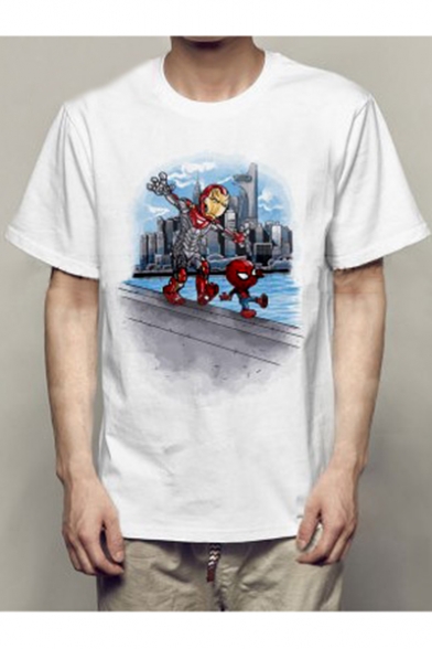 Comic Figure Printed Short Sleeve White Unisex Basic T-Shirt