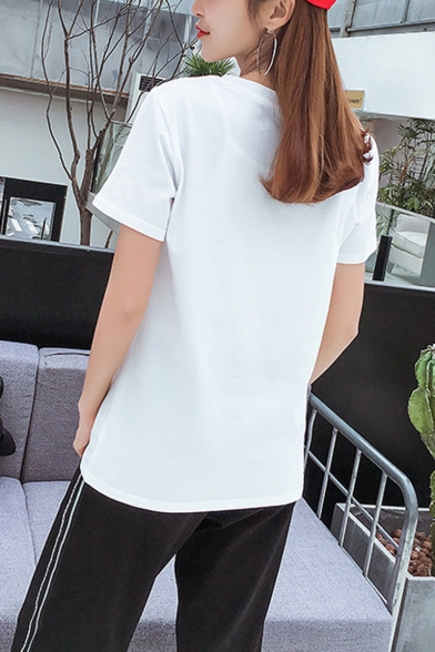 Trendy Mouth Letter BE HADIANT Printed Round Neck Short Sleeve Loose Fit White T-Shirt