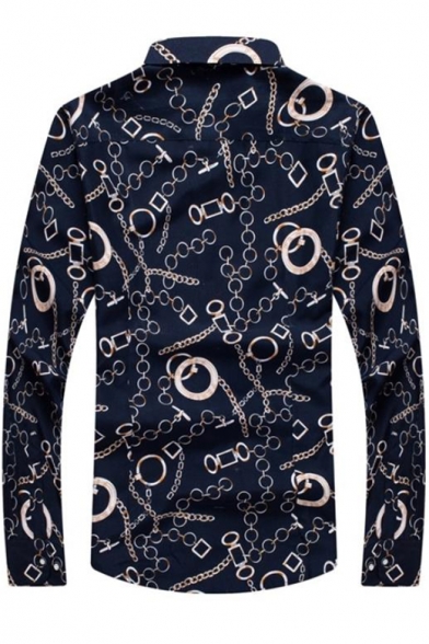 Unique Chain Printed Long Sleeve Fitted Button-Up Navy Shirt for Men