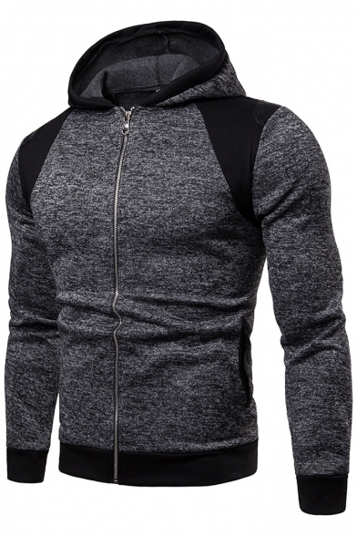 Unique Colorblock Patchwork Mens Fitted Long Sleeve Zip Up Grey Hoodie
