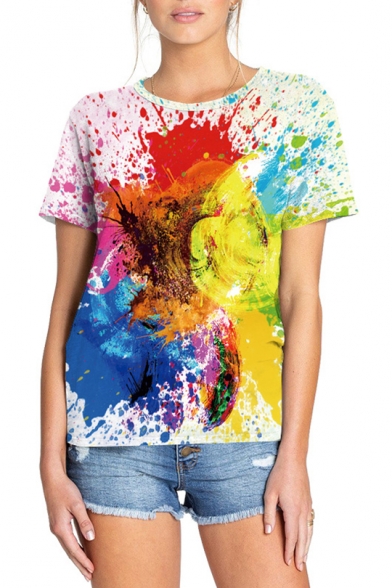 Unique Colorful Ink Painting Short Sleeve Summer White Tee