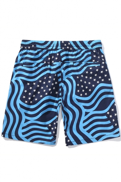 Unique Wave Stripe Stars Printed Summer Holiday Cotton Loose Surfing Beach Shorts for Guys