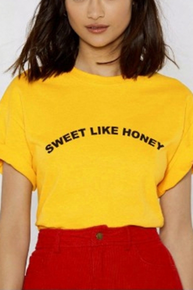 Yellow Letter SWEET LIKE HONEY Printed Short Sleeve Streetwear Tee