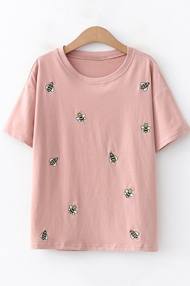 Academic Style Allover Bee Embroidered Round Neck Short Sleeve Cotton T-Shirt