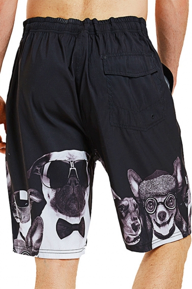 Cartoon Dog Pattern Drawstring Waist Quick Dry Loose Casual Black Unisex Swim Trunks (Pictures for Reference)