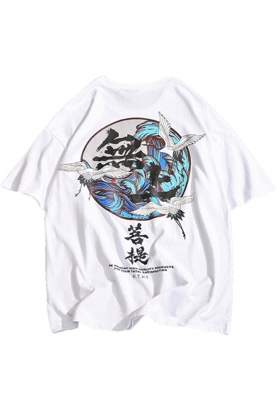 Chinese Style Crane Letter Printed Round Neck Short Sleeve Loose Casual Unisex T-Shirt