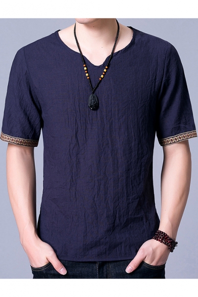 Chinese Style Retro Tribal Print Short Sleeve Loose Casual Linen T-Shirt