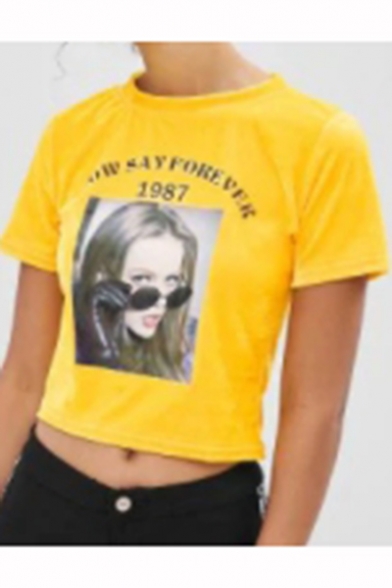 Cool Figure Letter HOW SAY FOREVER 1987 Printed Round Neck Short Sleeve Yellow Cropped T-Shirt